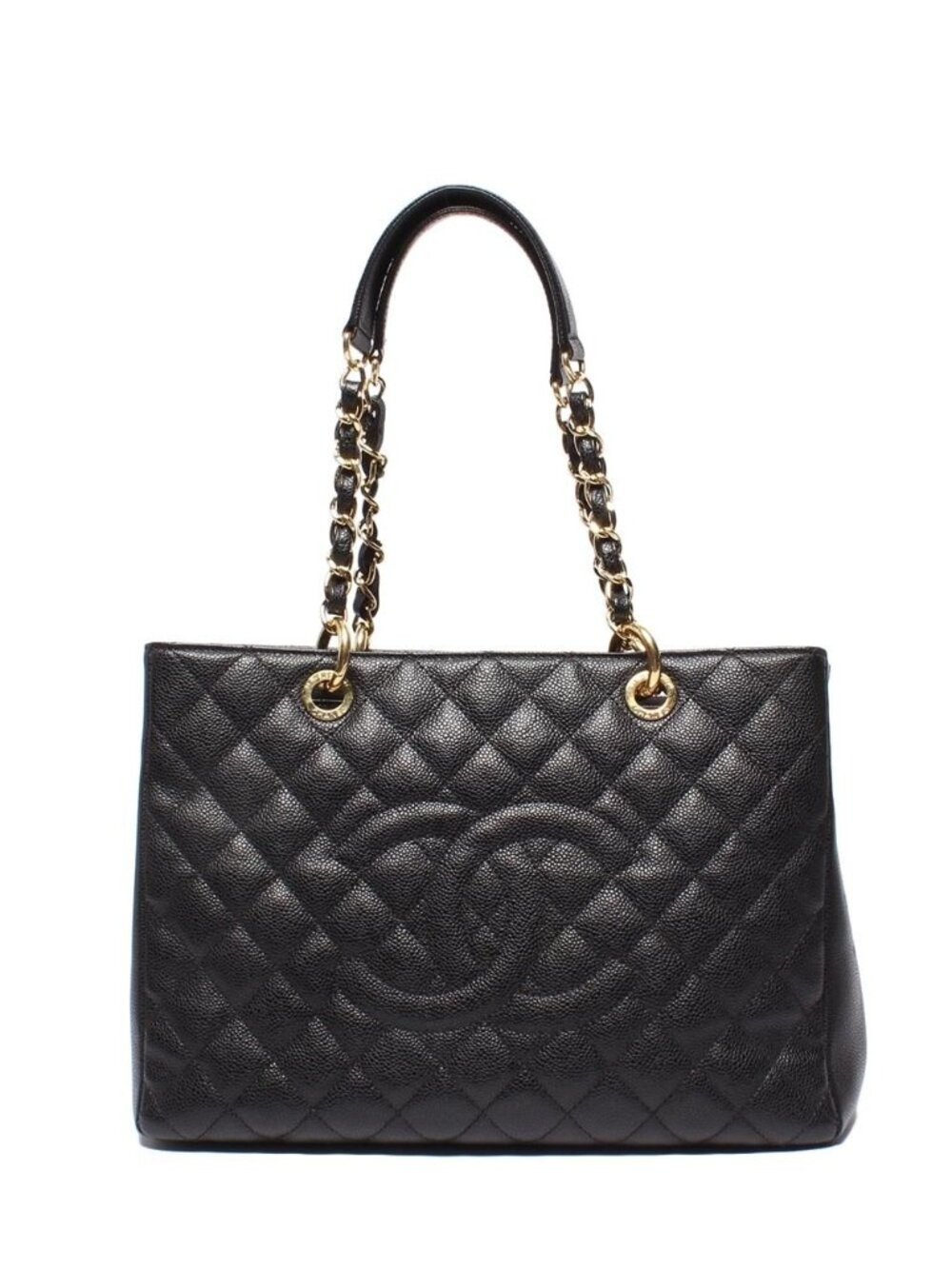 Chanel Chain Shoulder Bag Grand Shopping Tote GST Quilted Gold Caviar Leather
